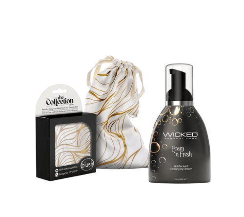 Load image 1 in gallery view. Collection of personal care products including a bottle labeled 'Wicked', a drawstring bag, and a box with 'Blush' branding on a white background.