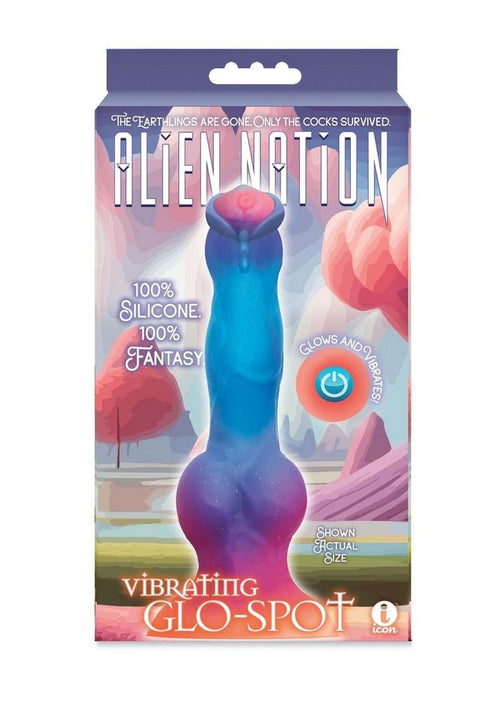 Load image 1 in gallery view. Alien Nation Glo-Spot Silicone Glow In The Dark Vibrating Dildo - Blue/Pink