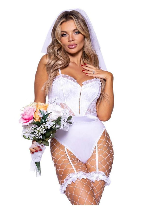 Load image 1 in gallery view. Bridal Babe Lace Garter Bodysuit, Bow and Train Bustle, and Bridal Veil - Its Cassidy Bybee
