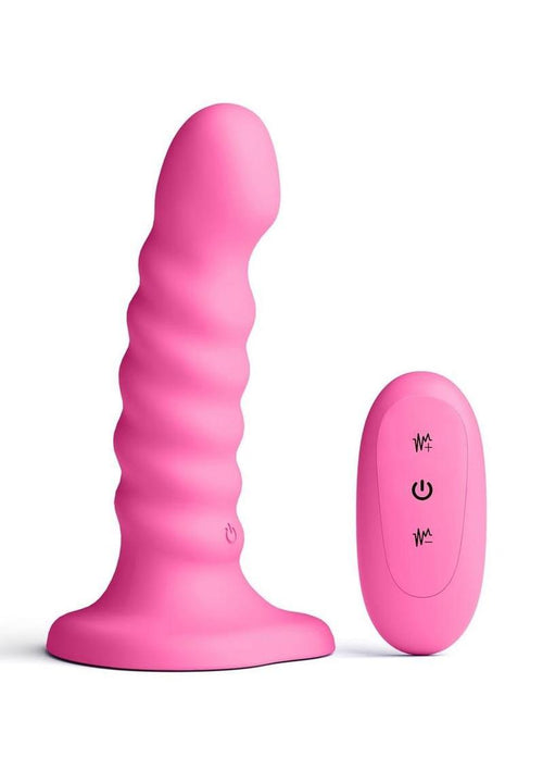 Load image 1 in gallery view. Colours Ribbed Rechargeable Silicone Vibrating Dildo with Remote Control - Pink - 5in