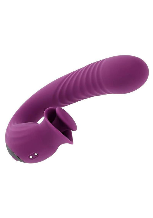Load image 1 in gallery view. Deep Ecstasy Rechargeable Silicone Ribbed Thrusting Rabbit Vibrator with Clitoral Stimulator - Purple