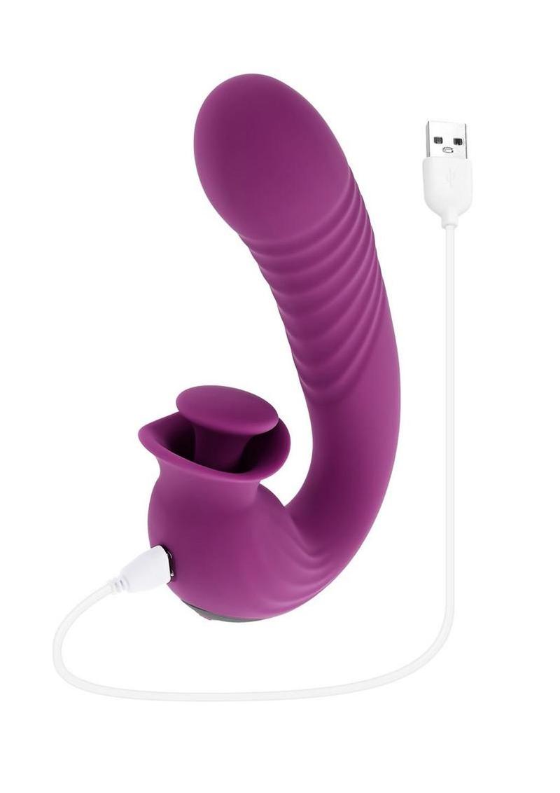 Deep Ecstasy Rechargeable Silicone Ribbed Thrusting Rabbit Vibrator with Clitoral Stimulator Evolved