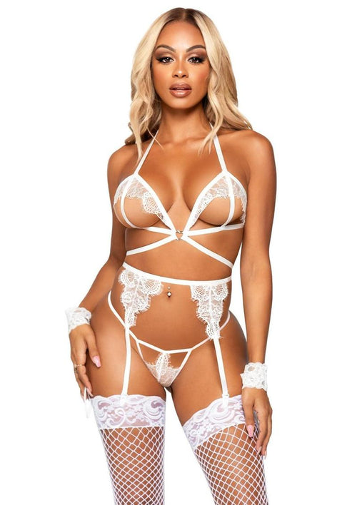Load image 1 in gallery view. Eyelash Lace Cage Strap Open Cup Bra with Heart Ring Accent, Garter Belt, G - String Panty and Wrist Cuffs - Its Cassidy Bybee