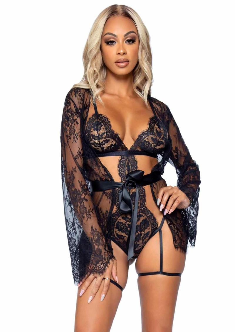 Eyelash Lace Garter Teddy with G - String Back and Adjustable Straps, Lace Robe and Ribbon Tie - Its Cassidy Bybee