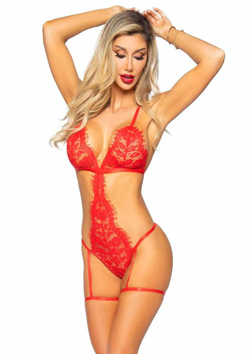 Load image 1 in gallery view. Eyelash Lace Garter Teddy with G - String Back and Adjustable Straps, Lace Robe and Ribbon Tie - Its Cassidy Bybee