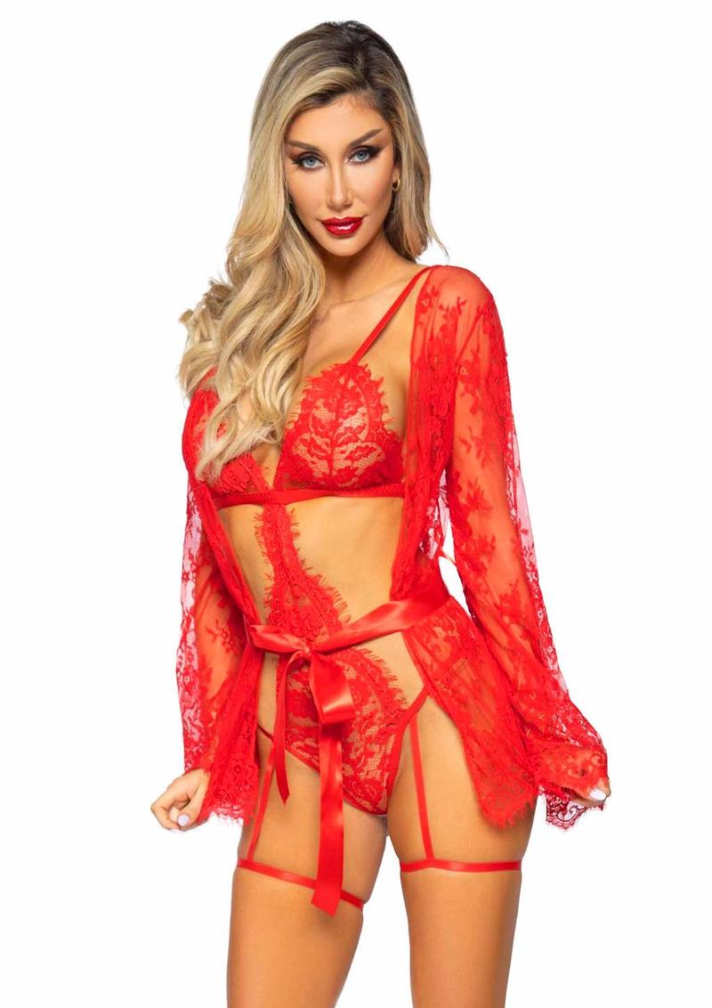 Eyelash Lace Garter Teddy with G - String Back and Adjustable Straps, Lace Robe and Ribbon Tie - Its Cassidy Bybee