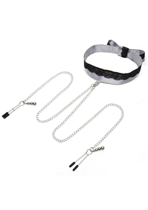 Load image 1 in gallery view. Fifty Shades Of Grey Play Nice Satin and Lace Collar Andamp; Nipple Clamps - Black/Silver
