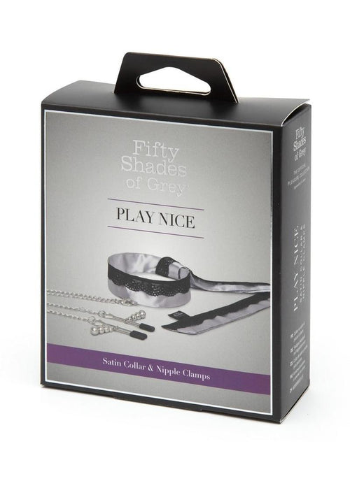 Load image 1 in gallery view. Fifty Shades Of Grey Play Nice Satin and Lace Collar Andamp; Nipple Clamps - Black/Silver