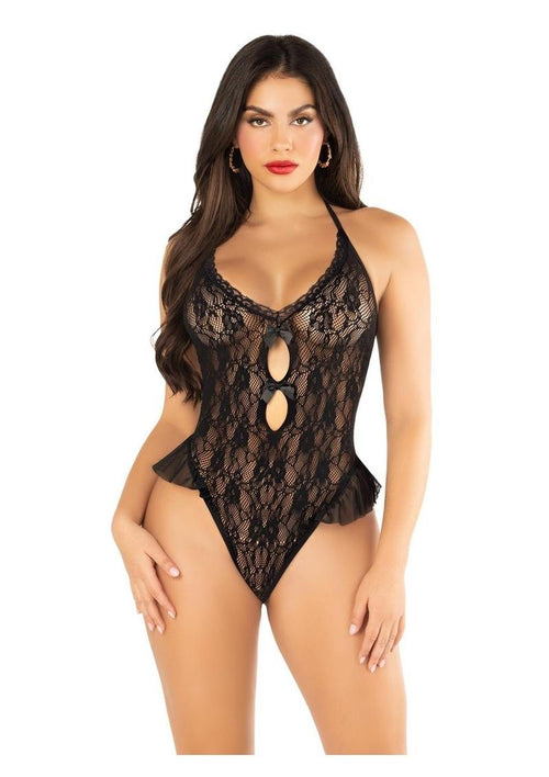 Load image 1 in gallery view. Floral Lace Halter Bodysuit with Mini Bow and Flutter Accent - Black - One Size