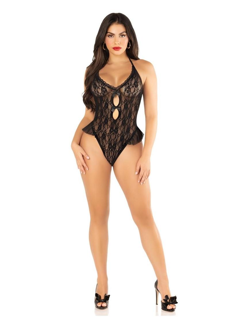 Floral Lace Halter Bodysuit with Mini Bow and Flutter Accent Leg Avenue