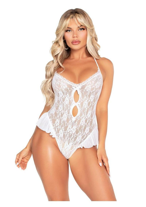 Load image 1 in gallery view. Floral Lace Halter Bodysuit with Mini Bow and Flutter Accent - White - One Size