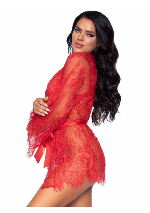 Load image 1 in gallery view. Floral Lace Teddy with Cheeky Thong Back Matching Lace Robe with Scalloped Trim and Satin Tie - Its Cassidy Bybee
