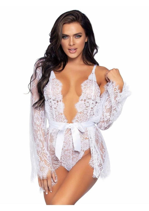 Load image 1 in gallery view. Floral Lace Teddy with Cheeky Thong Back Matching Lace Robe with Scalloped Trim and Satin Tie - Its Cassidy Bybee