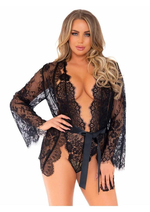 Load image 1 in gallery view. Floral Lace Teddy with Cheeky Thong Back Matching Lace Robe with Scalloped Trim and Satin Tie - Its Cassidy Bybee