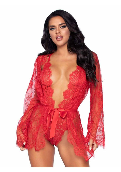 Load image 1 in gallery view. Floral Lace Teddy with Cheeky Thong Back Matching Lace Robe with Scalloped Trim and Satin Tie - Its Cassidy Bybee