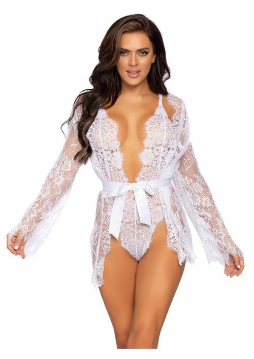 Load image 1 in gallery view. Floral Lace Teddy with Cheeky Thong Back Matching Lace Robe with Scalloped Trim and Satin Tie - Its Cassidy Bybee