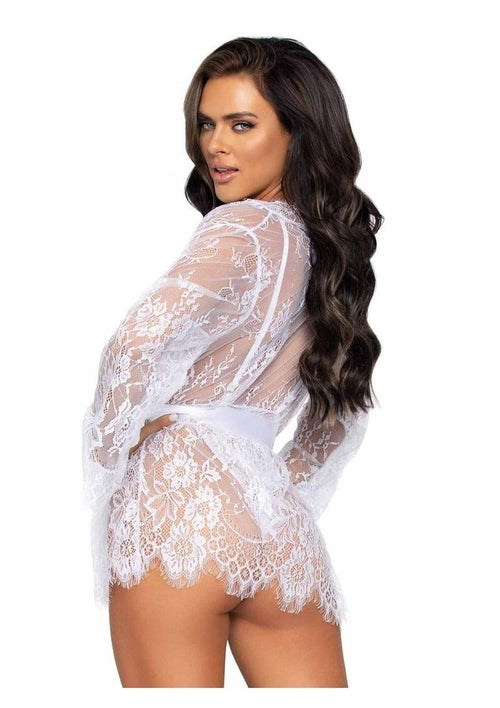 Load image 1 in gallery view. Floral Lace Teddy with Cheeky Thong Back Matching Lace Robe with Scalloped Trim and Satin Tie - Its Cassidy Bybee