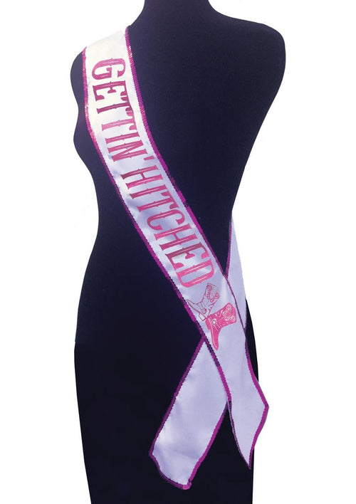 Load image 1 in gallery view. Gettin Hitched Bride Party Sash Glitter - Pink/White