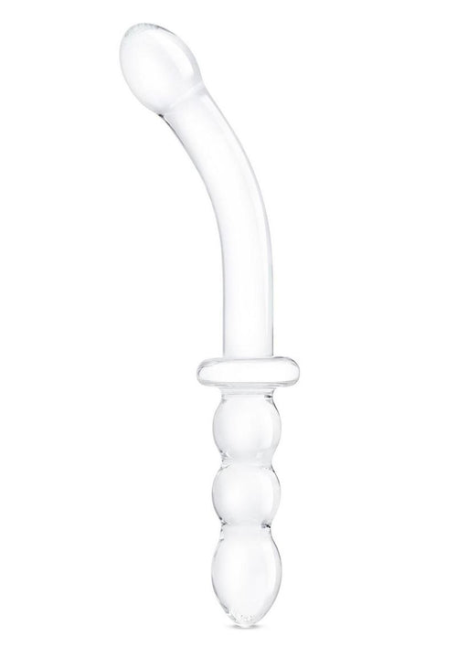 Load image 1 in gallery view. Glas Girthy Ribbed G-Spot Glass Dildo with Handle Grip Double End - Clear - 12in