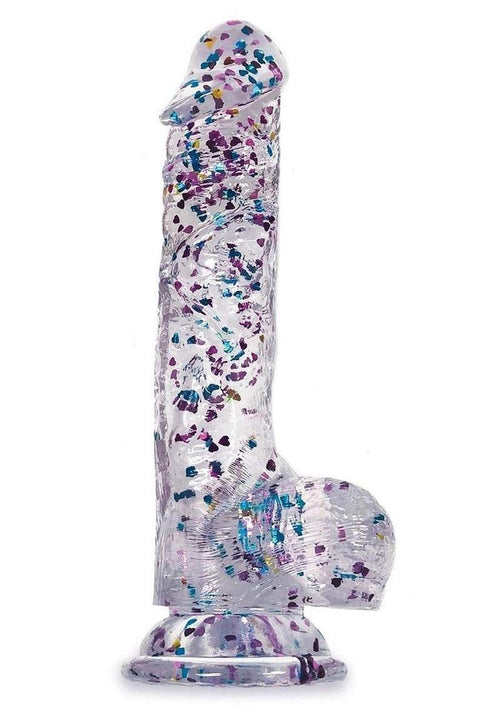 Load image 1 in gallery view. Glittergasm Realistic Clear Dildo with Balls and Suction Cup - Red/Orange/Golden Glitter - Gold/Orange/Red