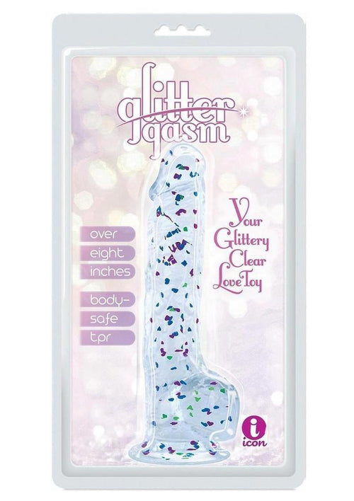 Load image 1 in gallery view. Glittergasm Realistic Clear Dildo with Balls and Suction Cup - Red/Orange/Golden Glitter - Gold/Orange/Red