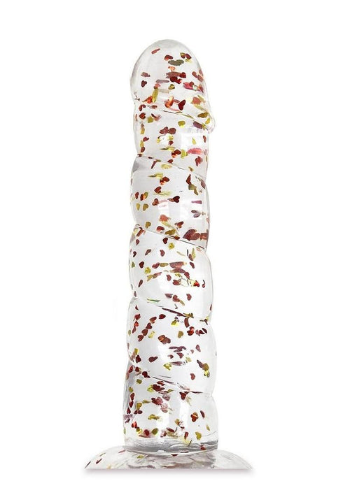 Load image 1 in gallery view. Glittergasm Swirl Clear Dildo with Suction Cup - Orange/Red/Golden Glitter - Gold/Orange/Red