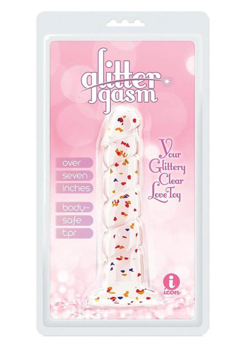 Load image 1 in gallery view. Glittergasm Swirl Clear Dildo with Suction Cup - Orange/Red/Golden Glitter - Gold/Orange/Red