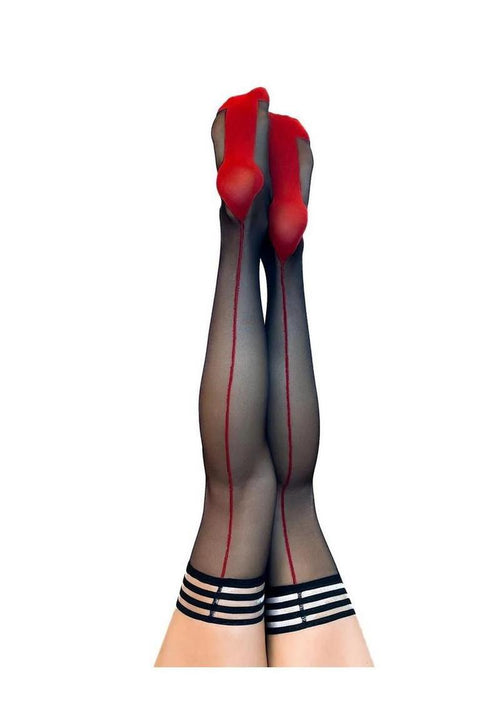 Load image 1 in gallery view. Kixies Ginny Sheer with Back Seamed Thigh Highs - Size B - Black/Red - Medium