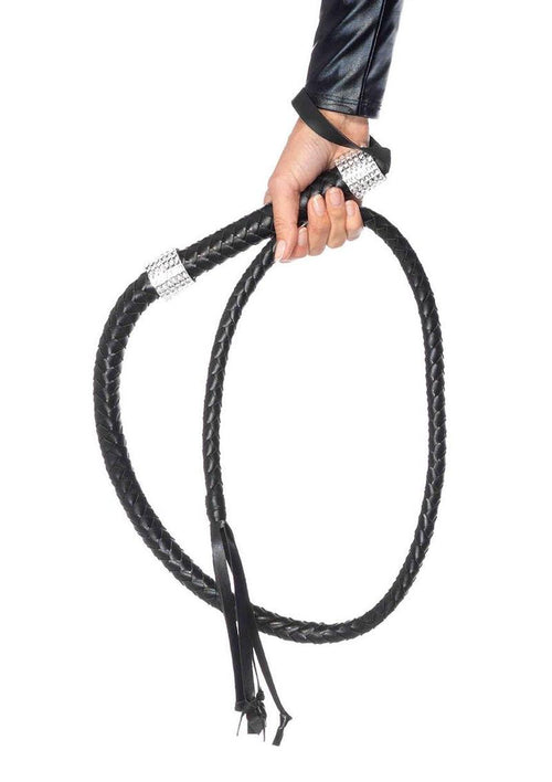 Load image 1 in gallery view. Leg Avenue Braided Whip with Rhinestone Look Handle Accent Faux Leather - Black - 54in