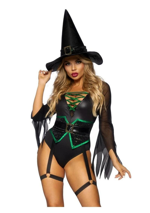 Load image 1 in gallery view. Leg Avenue Broomstick Babe Bodysuit with Lace Up Deep-V and Waist Cincher Buckle Accent, Attached Garters, and Witch Hat - Black - Medium - 2 Piece