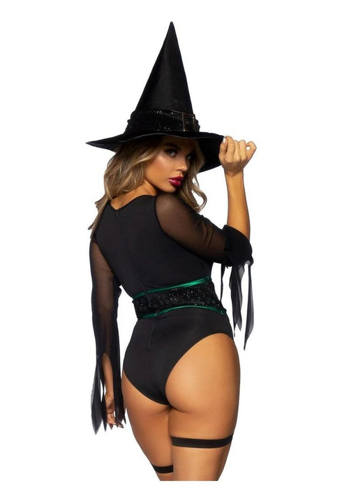 Load image 1 in gallery view. Broomstick Babe Bodysuit with Lace Up Deep-V and Waist Cincher Buckle Accent, Attached Garters, and Witch Hat Leg Avenue
