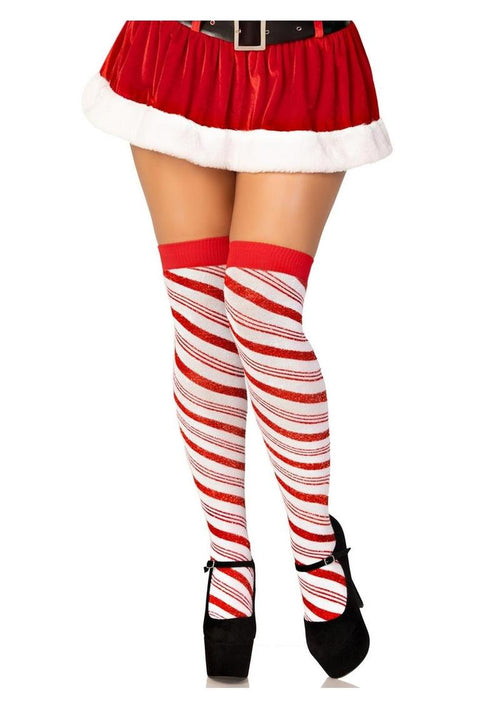 Load image 1 in gallery view. Leg Avenue Candy Cane Lurex Striped Over The Knee Socks - White - One Size