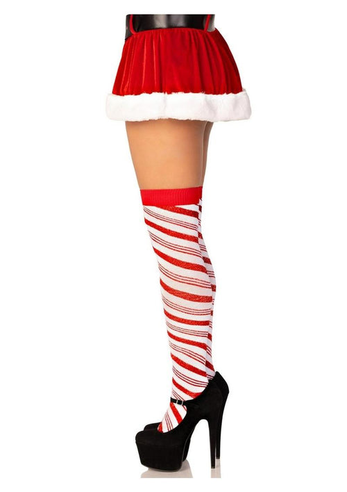 Load image 1 in gallery view. Leg Avenue Candy Cane Lurex Striped Over The Knee Socks - White - One Size
