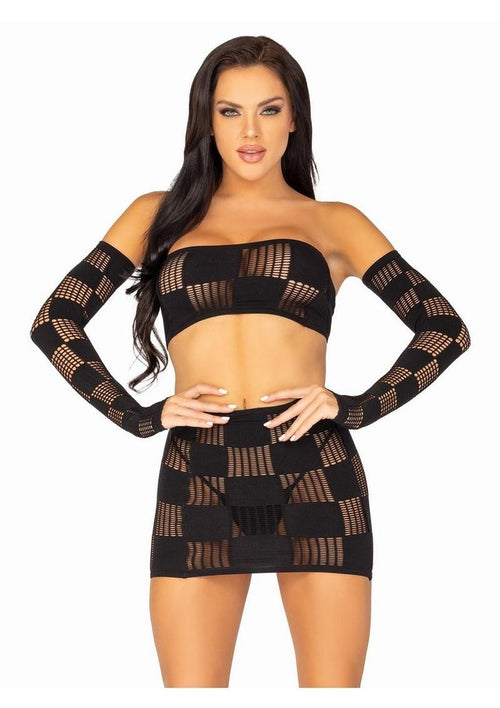 Load image 1 in gallery view. Leg Avenue Checkerboard Net and Opaque Bandeau Mini Skirt and Arm Warmers Leg Avenue