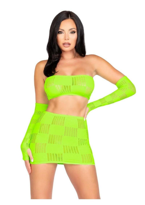 Load image 1 in gallery view. Leg Avenue Checkerboard Net and Opaque Bandeau Mini Skirt and Arm Warmers - Green/Neon Green - One Size
