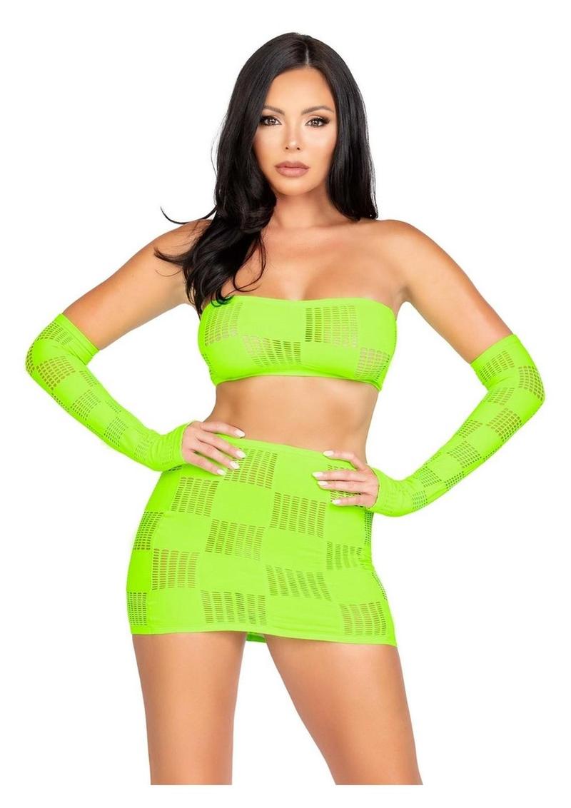 Leg Avenue Checkerboard Net and Opaque Bandeau Mini Skirt and Arm Warmers Leg Avenue
