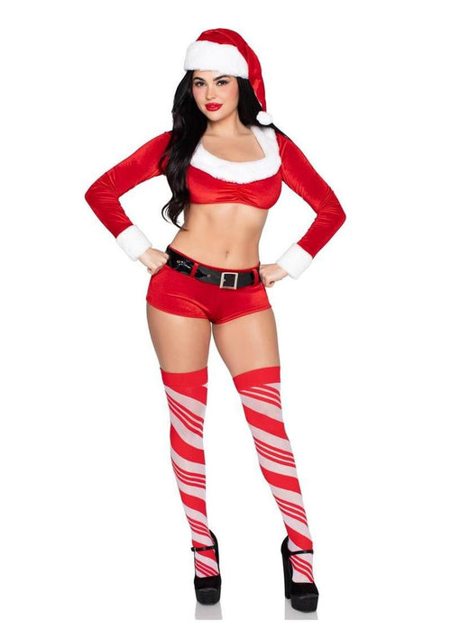 Load image 1 in gallery view. Christmas Cutie Costume, Velvet Crop Top with Faux Fur Trim, Shorts, Belt and Santa Hat Leg Avenue
