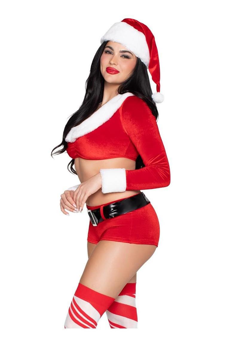 Christmas Cutie Costume, Velvet Crop Top with Faux Fur Trim, Shorts, Belt and Santa Hat Leg Avenue