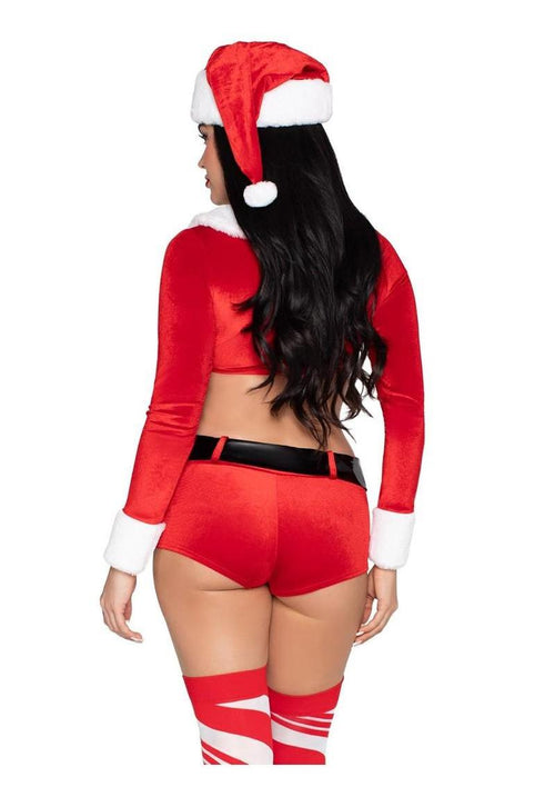 Load image 1 in gallery view. Leg Avenue Christmas Cutie Costume, Velvet Crop Top with Faux Fur Trim, Shorts, Belt and Santa Hat - Red/White - XSmall - 4 Piece