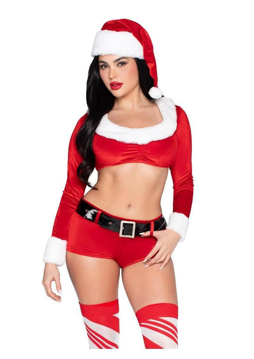 Load image 1 in gallery view. Leg Avenue Christmas Cutie Costume, Velvet Crop Top with Faux Fur Trim, Shorts, Belt and Santa Hat - Red/White - Small - 4 Piece