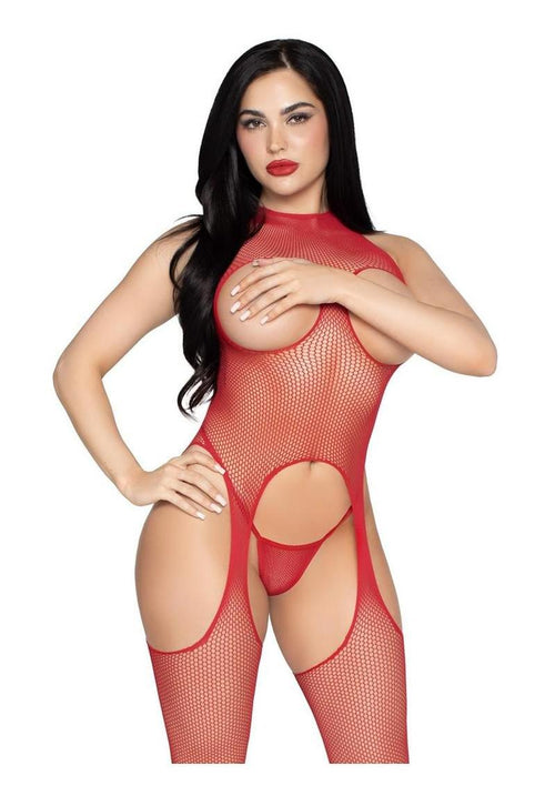Load image 1 in gallery view. Leg Avenue Circle Net Cupless Suspender Lingerie Jumpsuit and Matching Panty - Red - One Size - 2 Piece