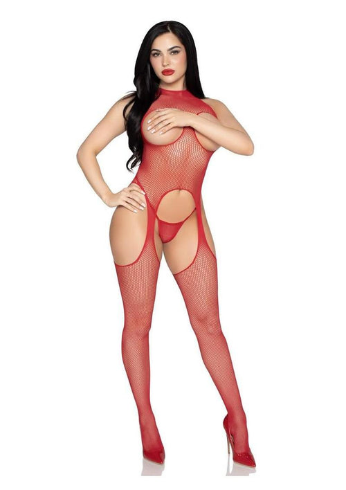 Load image 1 in gallery view. Leg Avenue Circle Net Cupless Suspender Lingerie Jumpsuit and Matching Panty