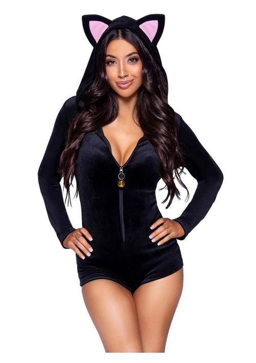 Load image 1 in gallery view. Leg Avenue Comfy Cat Ultra-Soft Velvet Plush Zip Up Romper with Bell Zipper Pull, Ear Hood, and Kitty Tail - Black - Small