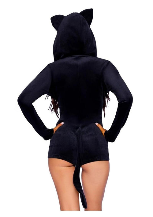 Load image 1 in gallery view. Comfy Cat Ultra-Soft Velvet Plush Zip Up Romper with Bell Zipper Pull, Ear Hood, and Kitty Tail Leg Avenue
