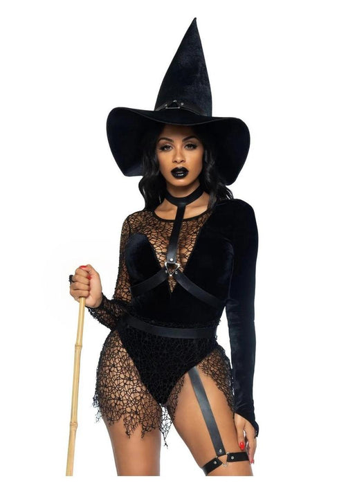 Load image 1 in gallery view. Leg Avenue Crafty Witch Snap Crotch Velvet Bodysuit with Distressed Net and Attached Garter, Choker Body Harness, and Matching Velvet Witch Hat - Black - Small - 3 Piece