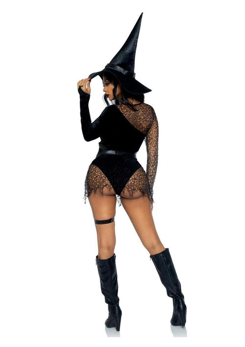 Load image 1 in gallery view. Crafty Witch Snap Crotch Velvet Bodysuit with Distressed Net and Attached Garter, Choker Body Harness, and Matching Velvet Witch Hat Leg Avenue