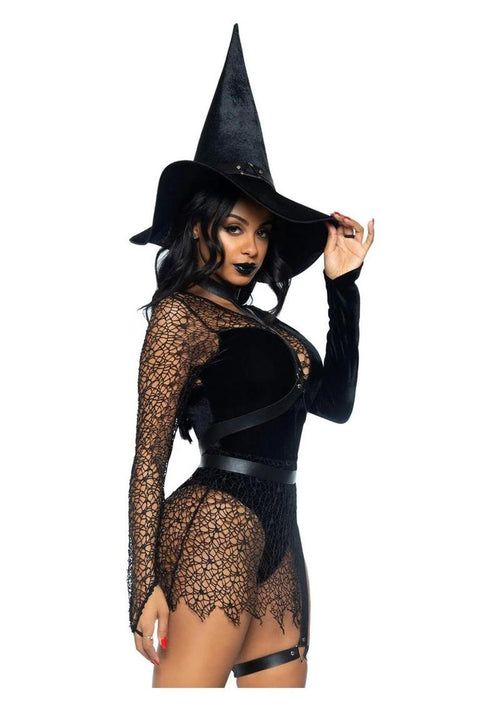 Load image 1 in gallery view. Leg Avenue Crafty Witch Snap Crotch Velvet Bodysuit with Distressed Net and Attached Garter, Choker Body Harness, and Matching Velvet Witch Hat - Black - Small - 3 Piece