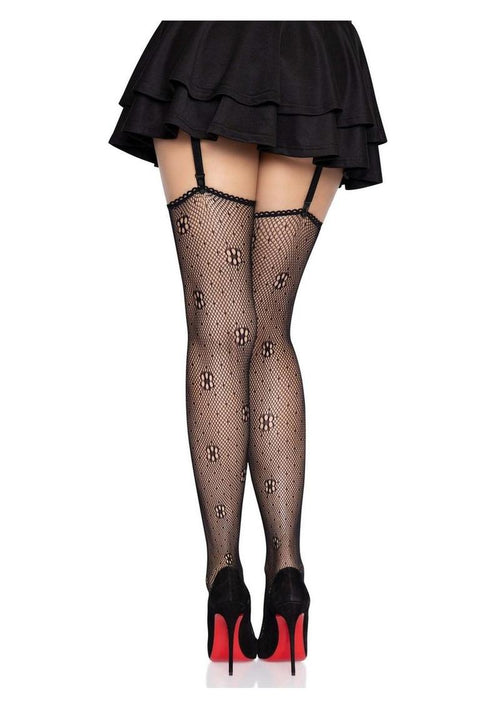 Load image 1 in gallery view. Leg Avenue Daisy Dot Fishnet Stockings with Scalloped Top - Black - One Size