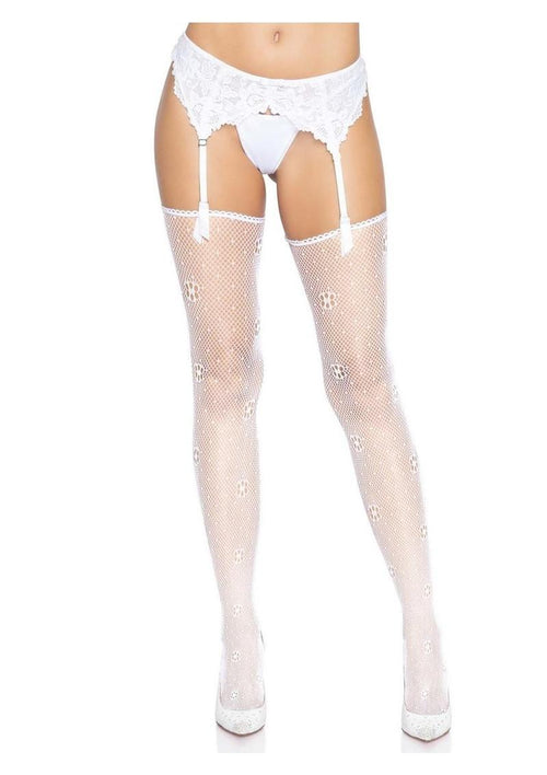 Load image 1 in gallery view. Leg Avenue Daisy Dot Fishnet Stockings with Scalloped Top - White - One Size