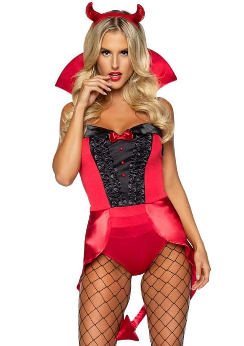 Load image 1 in gallery view. Devilish Darling Tux and Tails Bodysuit with Stay Up Collar, Pin-On Devil Tail, and Sequin Devil Horn Headband Leg Avenue
